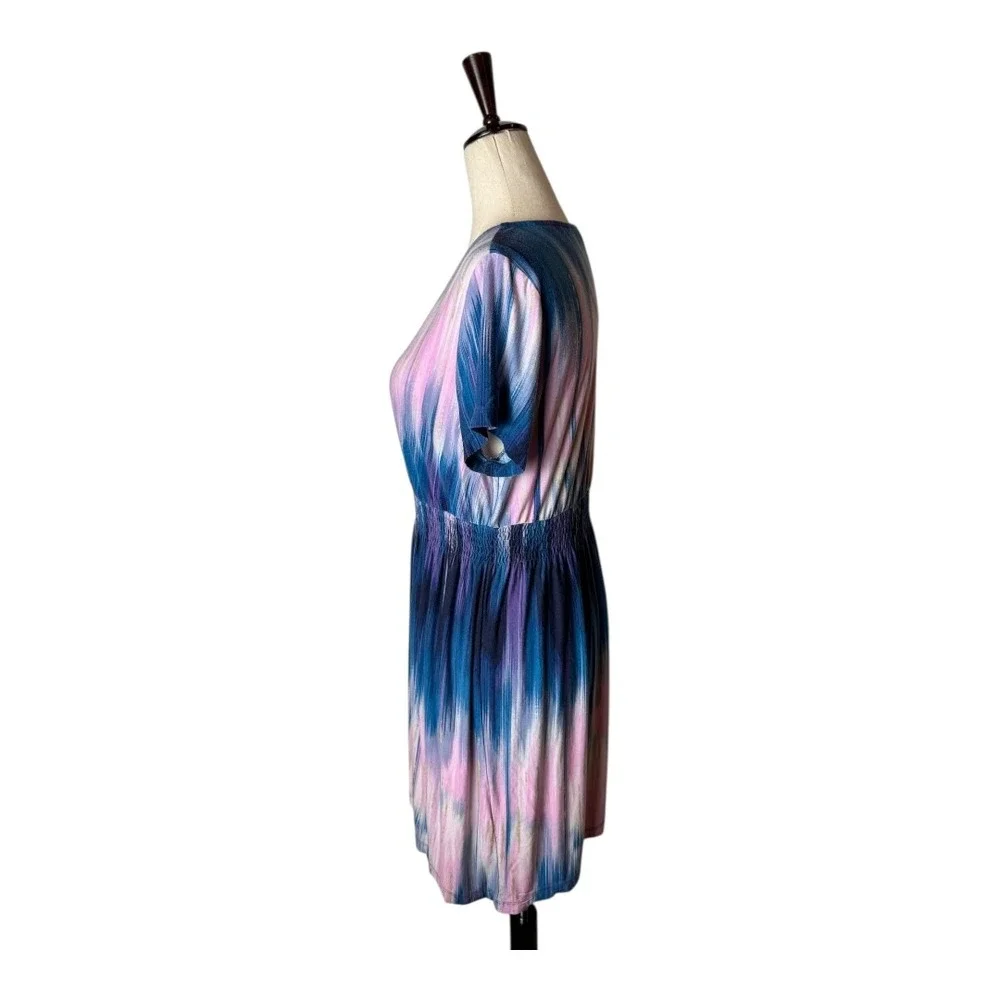 Soma Nightgown Women Medium Blue Pink Tie Dye‎ V Neck Smocked Waist Sleep Shirt